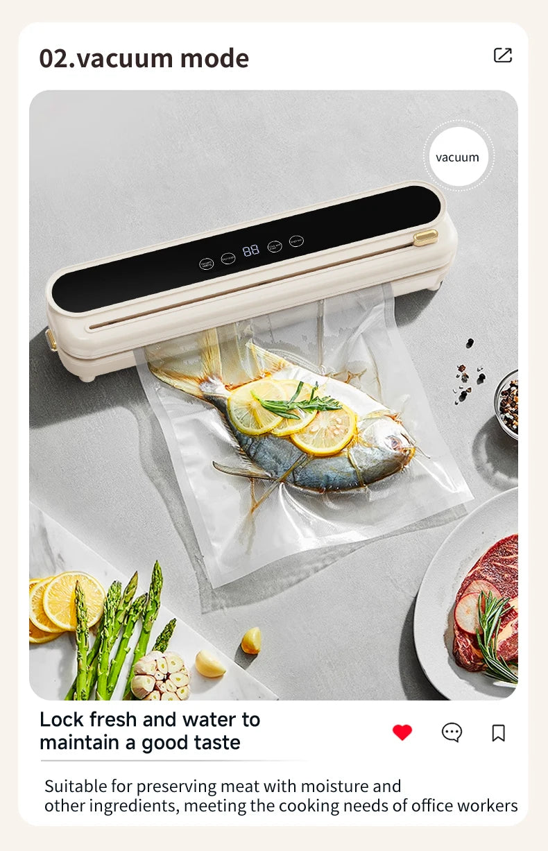 2026 New Electric Vacuum Sealer Built‑in Cutter Dry Wet Mode Automatic Food Sealer Kitchen Food Preservation Packaging Machine