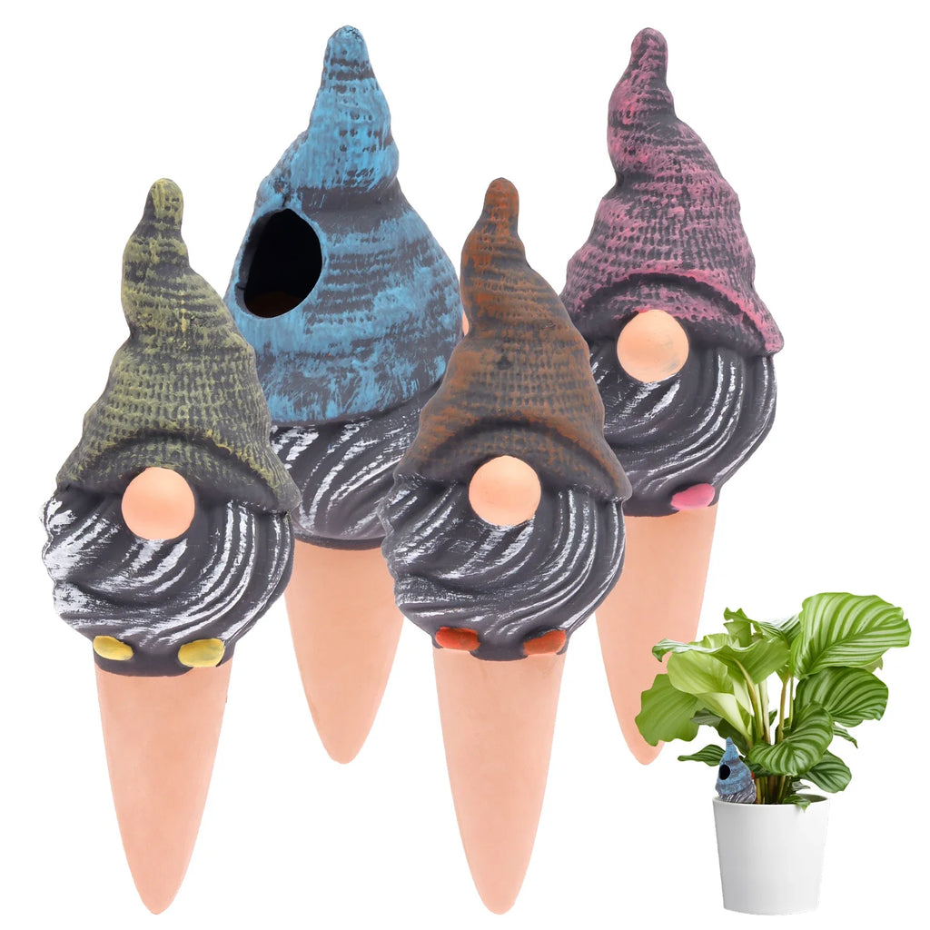 Set of 4 self-watering ceramic plant spikes in blue, green, orange and pink