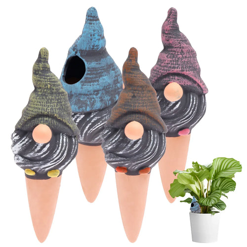 Set of 4 self-watering ceramic plant spikes in blue, green, orange and pink