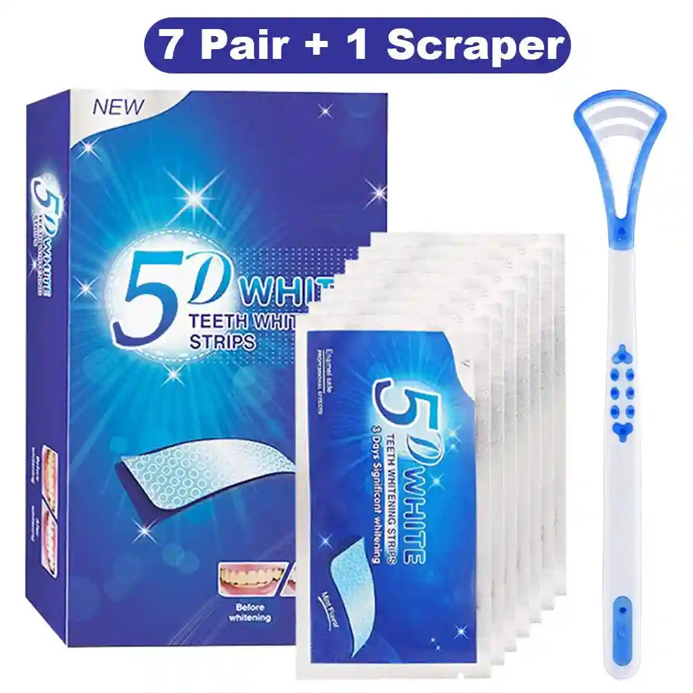 Seven pairs of blue and white teeth whitening strips in individual packets with a blue plastic tongue scraper.