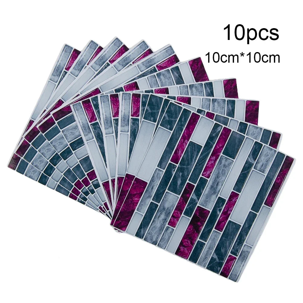 Self-adhesive 3D brick tile sticker set, fan of teal, gray, and purple mosaic bricks
