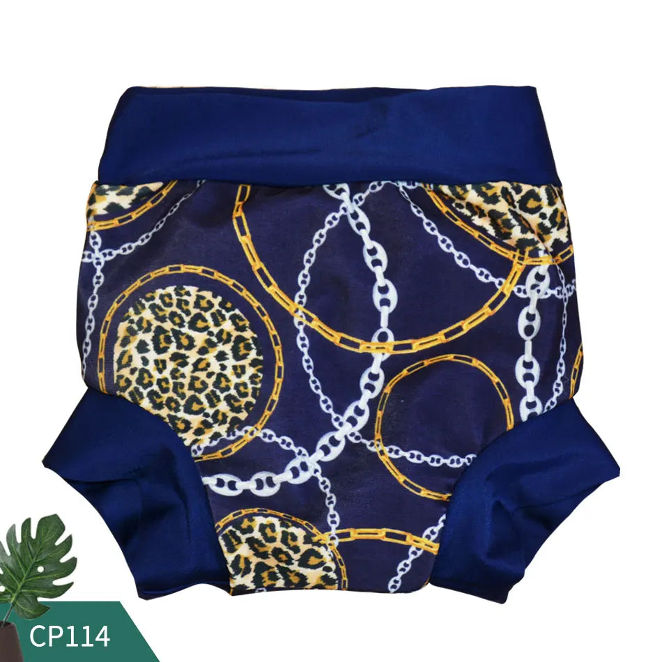 Baby cloth diaper with navy blue, gold chain, and leopard print pattern, style CP114. Washable reusable baby care.