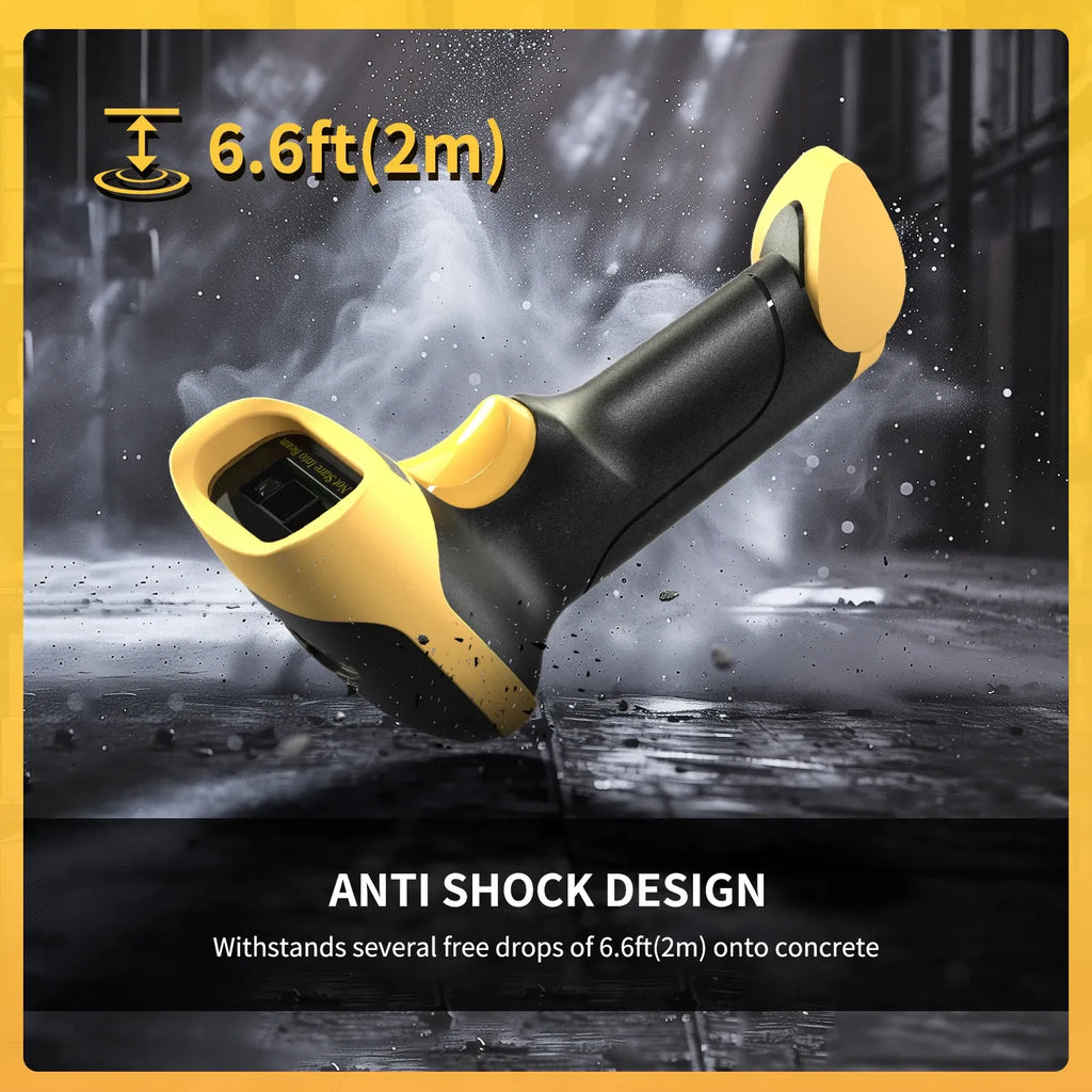 Yellow and black handheld 2D barcode scanner with rugged anti-shock design