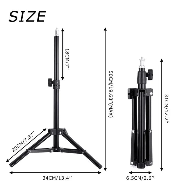 Black metal light stand, shown extended and folded, with dimensions ranging from 31cm to 50cm for photography equipment.