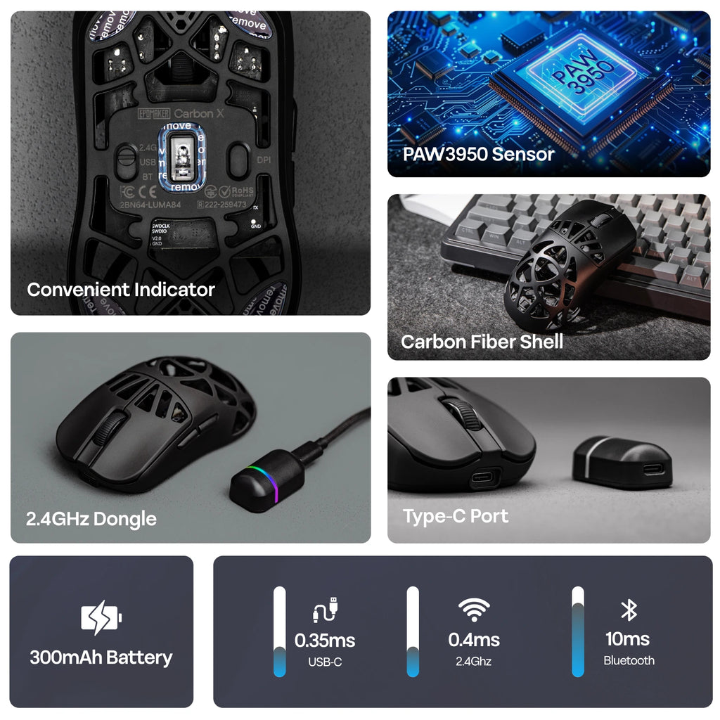 EPOMAKER Carbon X Gaming Mouse Wired/2.4G/BT Wireless Ultra-Lightweight Carbon Fiber Shell Mouse with PAW3950 Sensor 300mAh