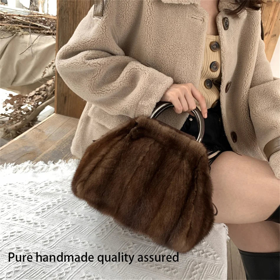 Women's Mink Fur Handbag 2026 New Fashion Designer Fluffy Fur Wrist Bag Large Capacity Soft Shopping Bag Girl Cute Handbag