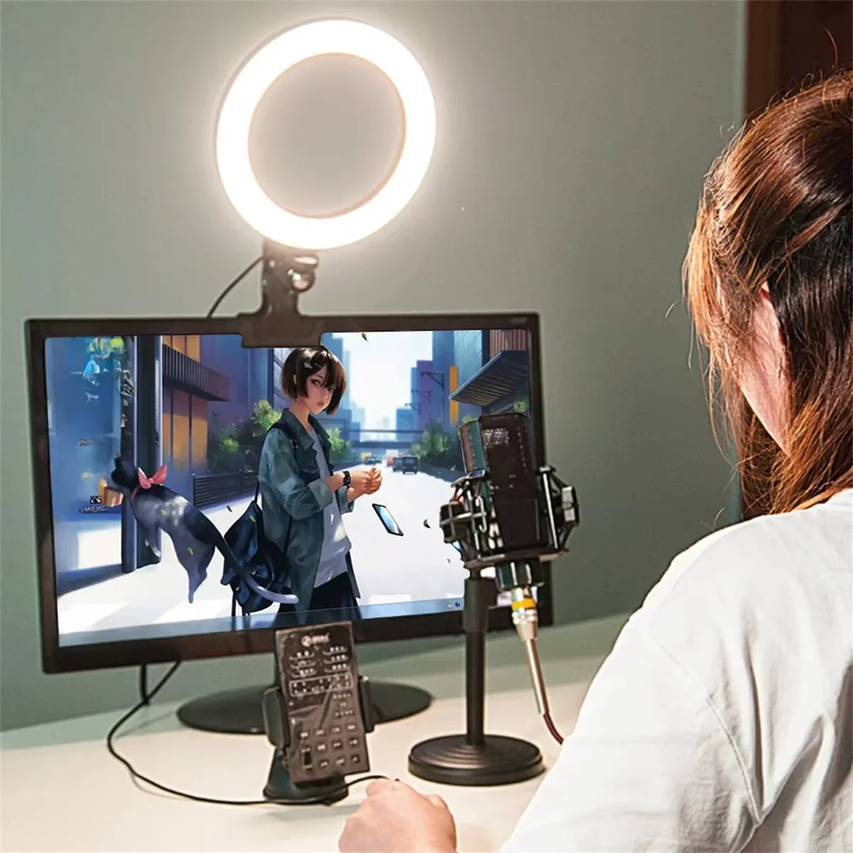 Small LED ring light clipped to a computer monitor for video conferencing and streaming.