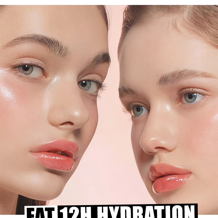 Two models wearing shiny, moisturizing glitter lip plumper with a nourishing, transparent pink gloss finish.