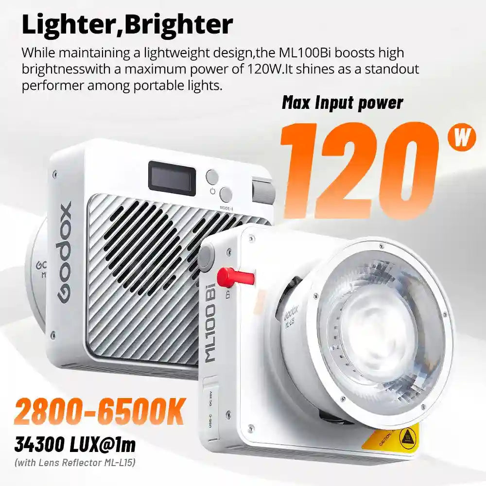 ML100Bi portable white LED video light with a circular lens reflector, digital display, and side control dial.