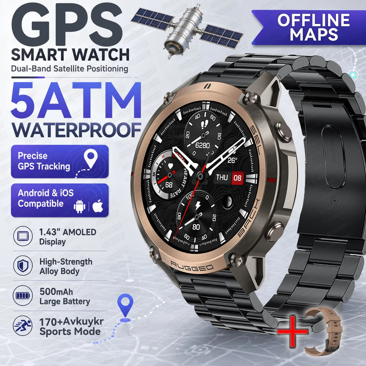 Rugged smartwatch with round black case and black metal link bracelet, AMOLED display.