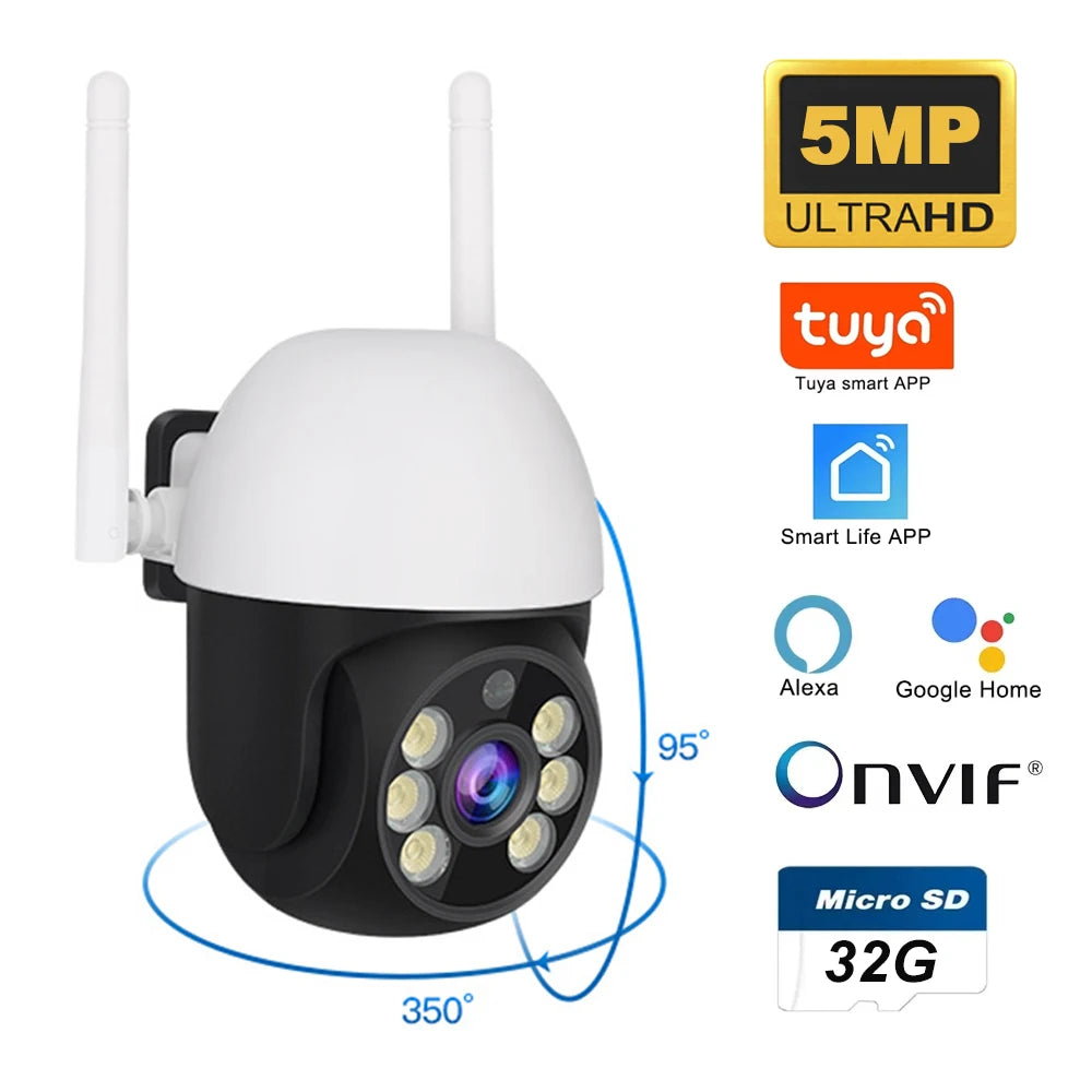5MP TUYA PTZ WiFi IP Wireless Camera Outdoor Home Security Auto Tracking Monitoring Waterproof Video Surveillance Smart Life
