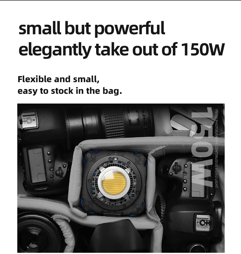 150W continuous video light, a compact black square unit with a yellow COB LED, packed inside a padded camera bag.