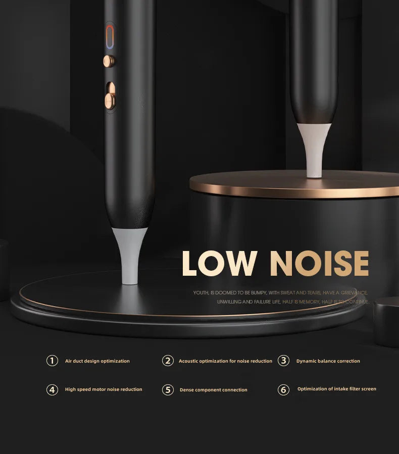 Black 2400W high-speed hair dryer with noise-reduction tech, modern buttons, and professional salon-grade design.