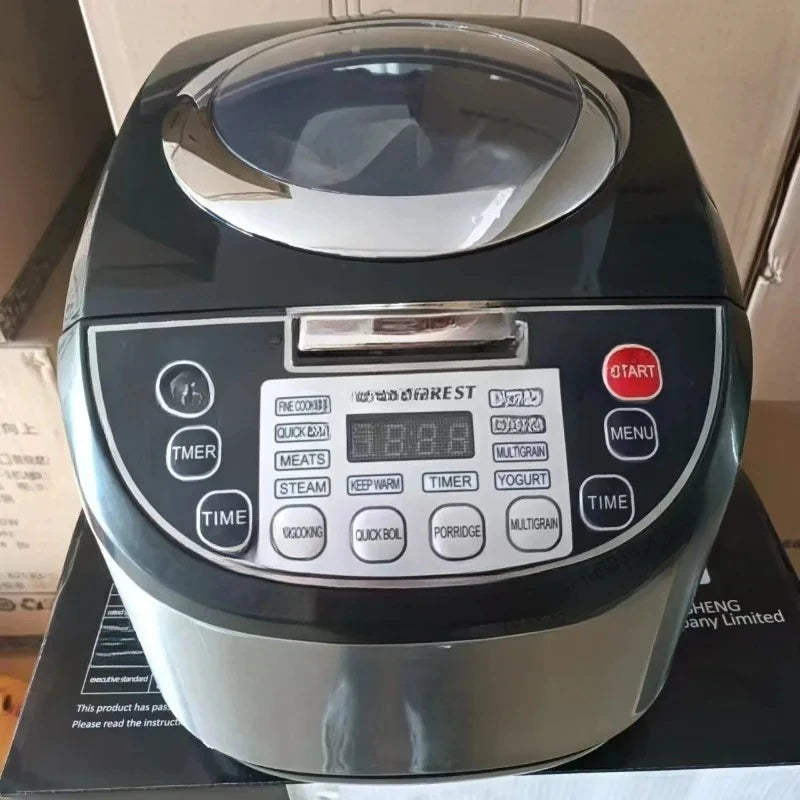 Black electric rice cooker with front timer buttons and digital display panel