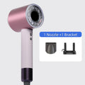 Pink negative ion leafless hair dryer with nozzle attachment and wall bracket for professional quick-dry hair styling.