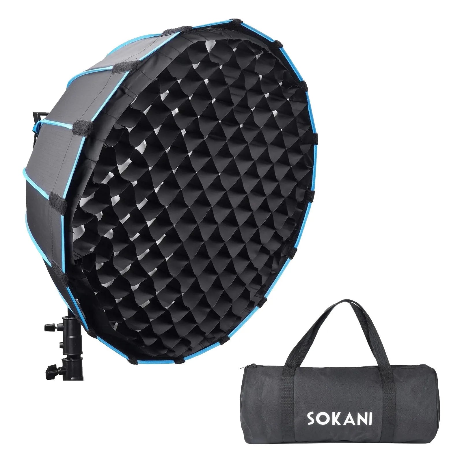 Black and blue octagonal softbox with a honeycomb grid, mounted on a stand, plus a matching black carry bag.
