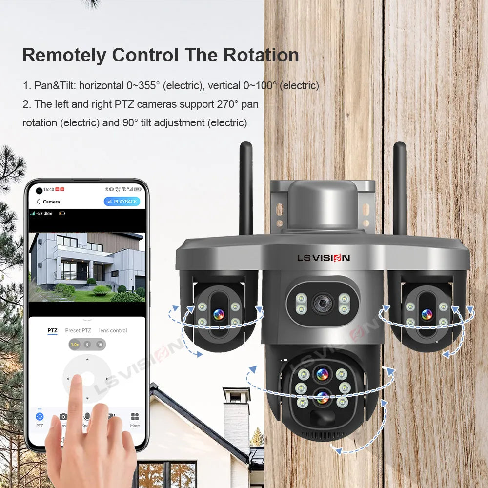 LS VISION 20MP 10X Optical Zoom 4G Solar Camera Outdoor WiFi Three Screen 3PTZ 360° Auto Tracking Security CCTV Camera V380 Pro