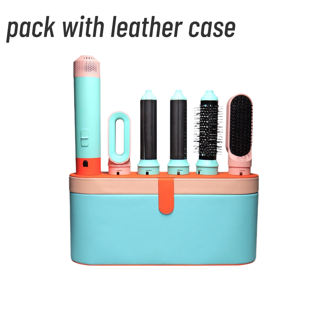 5-in-1 turquoise and pink hair styler set with curling barrels, hot air brush, and leather storage travel case.