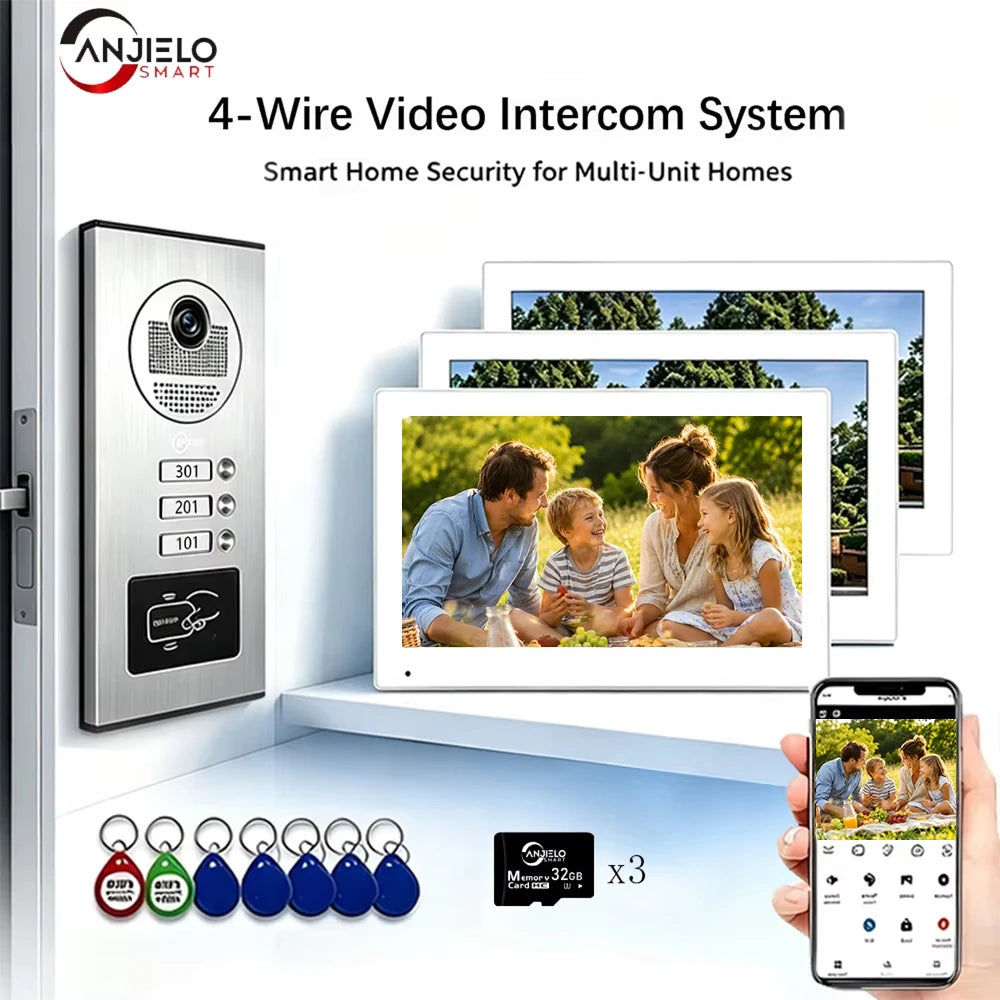 ANJIELO 7 Inch 1080P Tuya WiFi Video Door Phone 2‑4 Units Multi Apartment Intercom Remote Unlock Home Security Video Doorbell
