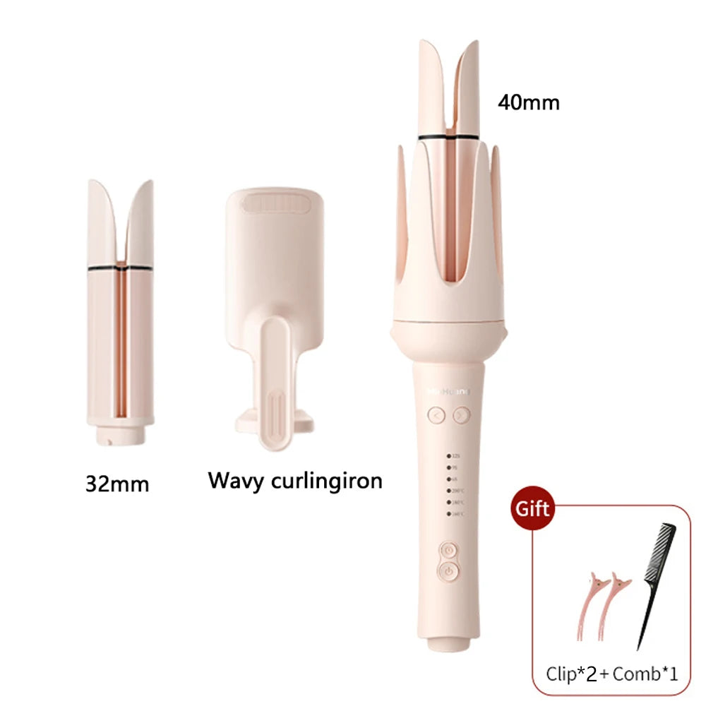 Pink automatic curling iron set with 32mm/40mm barrels, wavy attachment, clips, and comb for fast, tangle-free styling.