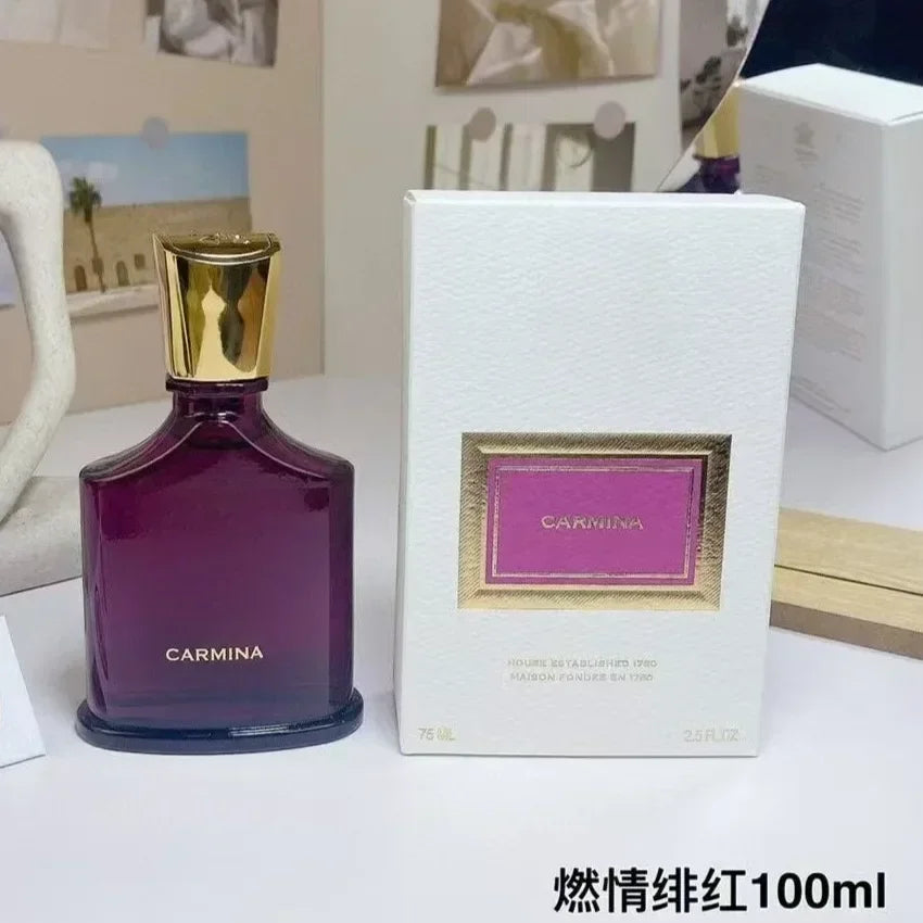Creed Carmina 75ml EDP for women: purple glass bottle, gold cap, floral fragrance in a luxury white branded box.