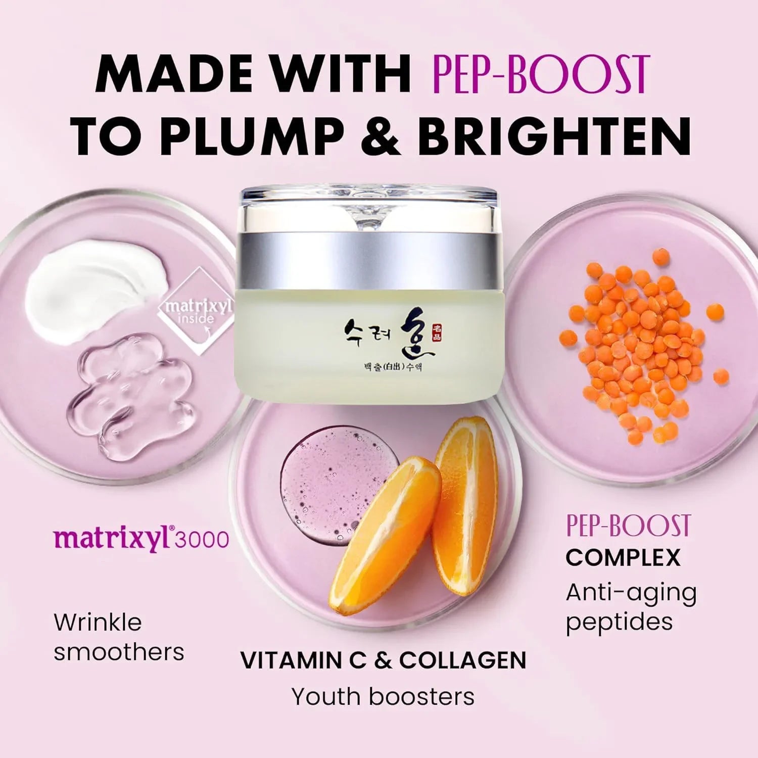 Anti-aging face cream in a frosted glass jar with silver cap, surrounded by cream, gel, orange slices, and lentils.