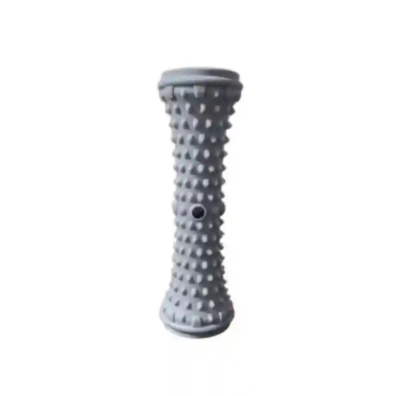 Grey spiked foot massage roller for plantar fasciitis, muscle relaxation, yoga recovery, and home fitness therapy.