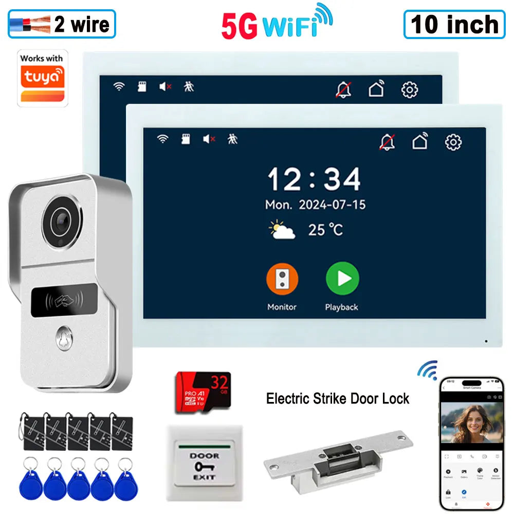 Wireless WiFi video doorphone kit with silver outdoor unit, 10-inch monitor, and electric strike lock