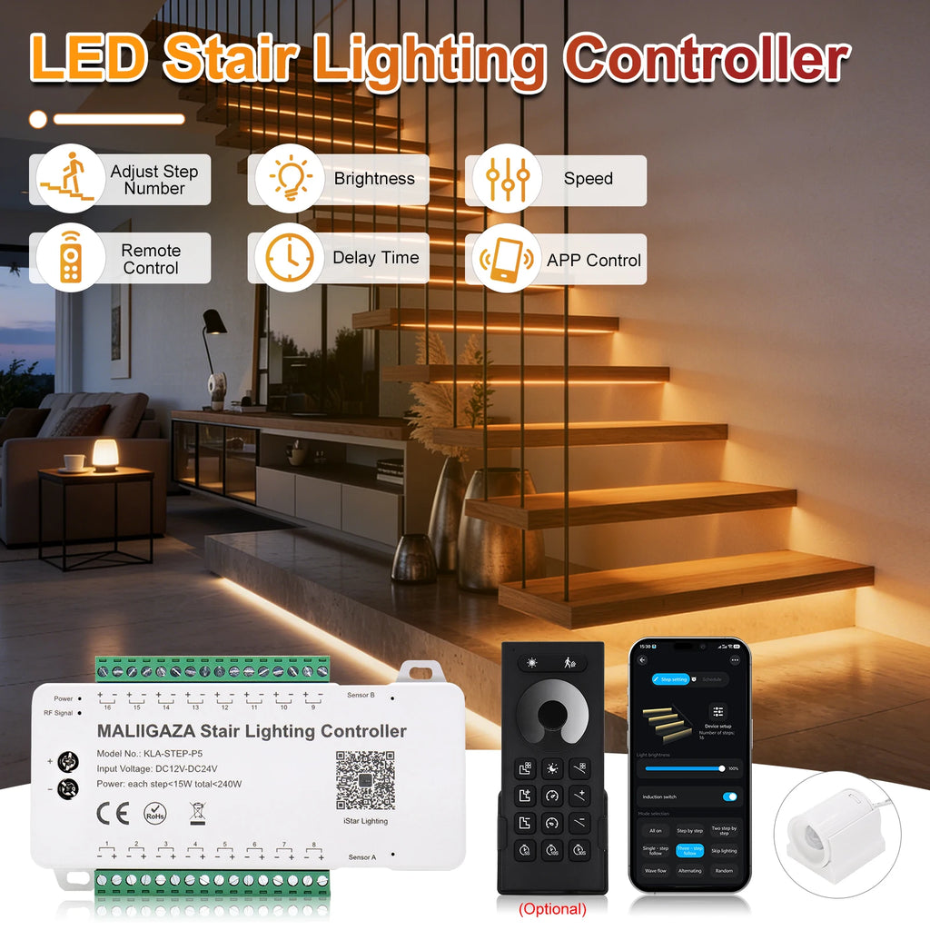 Intelligent Motion Sensor Stair Light Kit, Smart Bluetooth APP Remote Control, Dynamic & Constant Lighting for Indoor Staircase