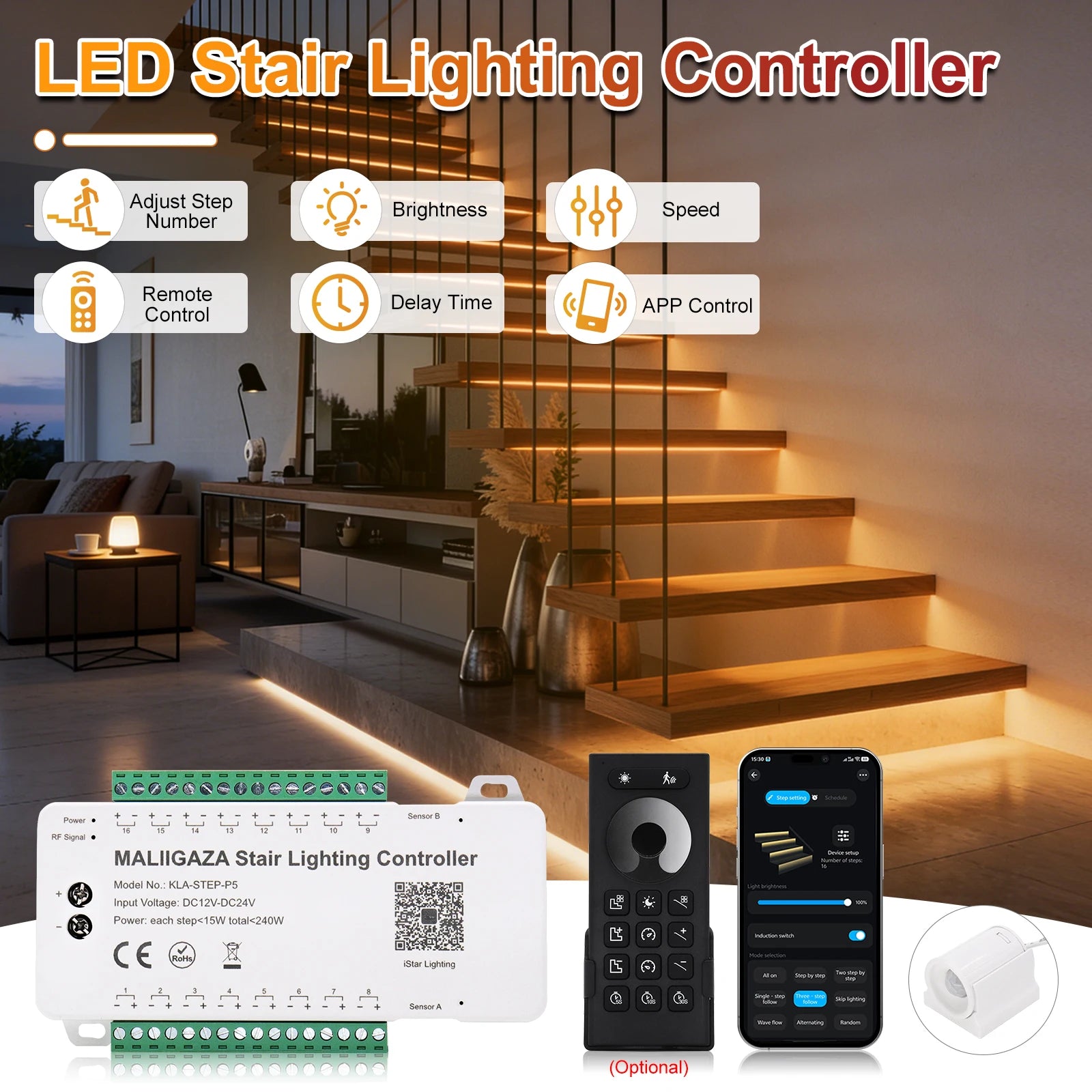 Intelligent Motion Sensor Stair Light Kit, Smart Bluetooth APP Remote Control, Dynamic & Constant Lighting for Indoor Staircase