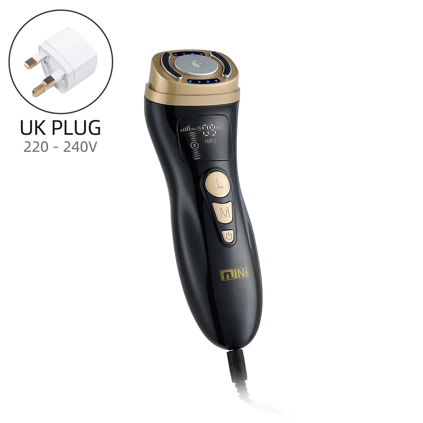 Black and gold handheld HIFU facial massager with a digital display, buttons, and an included UK power adapter.