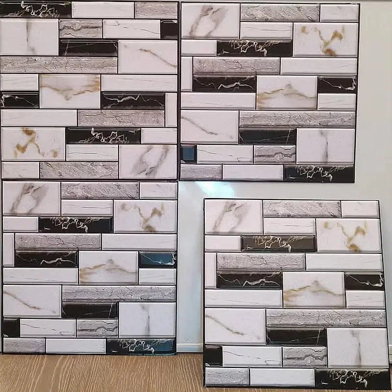 Marble-look peel-and-stick tile backsplash, white and gray with black accent strips