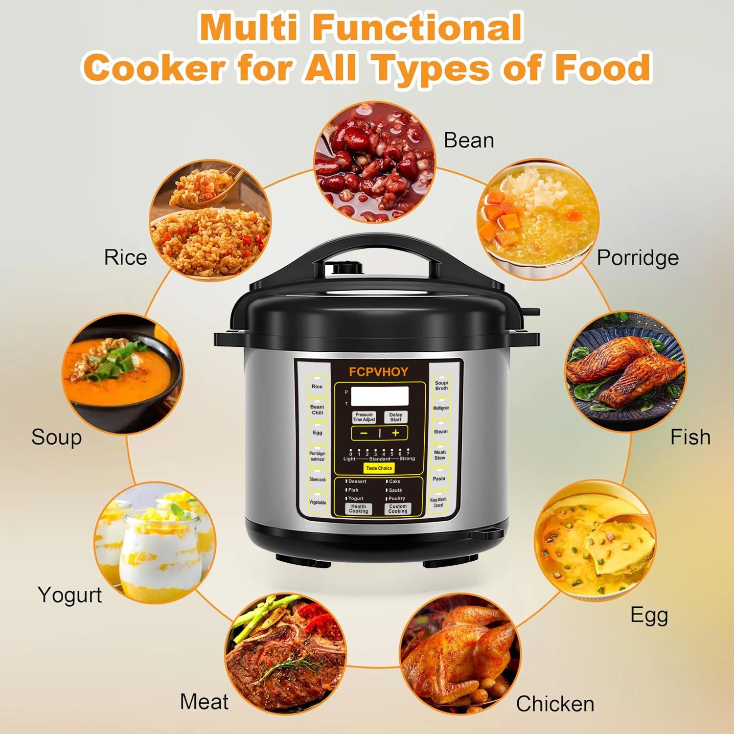 Electric pressure cooker with multi-food cooking program chart on display