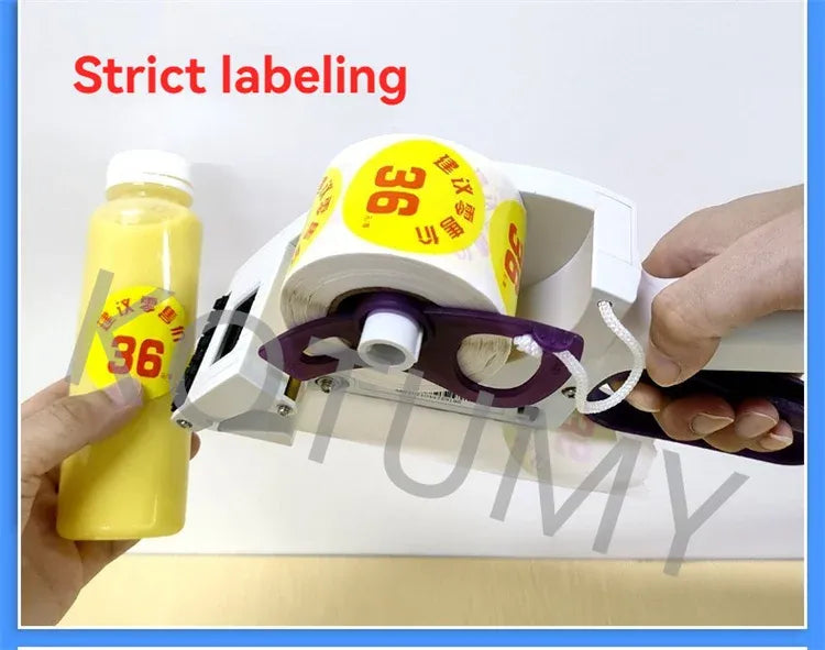 Handheld labeler dispensing yellow barcode labels from a circular label roll