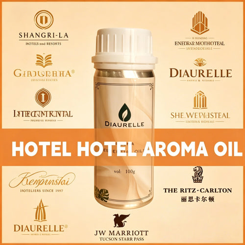 Diaurelle essential oil in a sleek beige bottle for luxury hotel aromatherapy wellness.