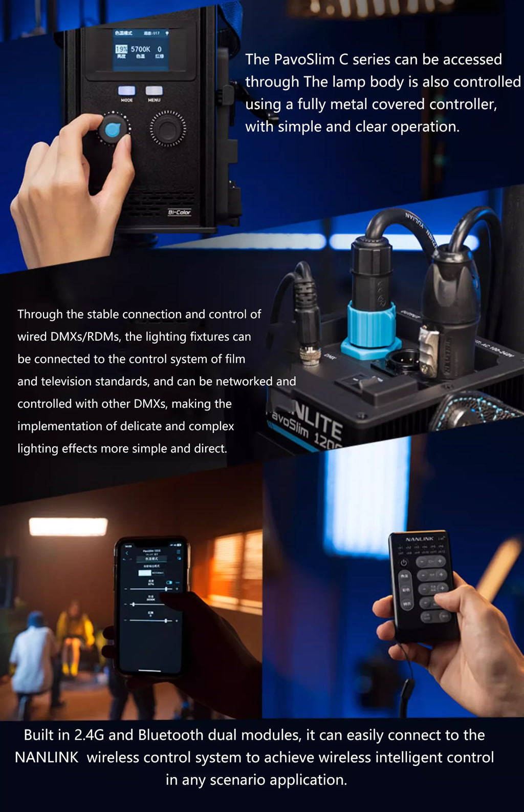 PavoSlim 120C LED panel controller with metal casing, DMX ports, and remote control for wireless lighting adjustment.