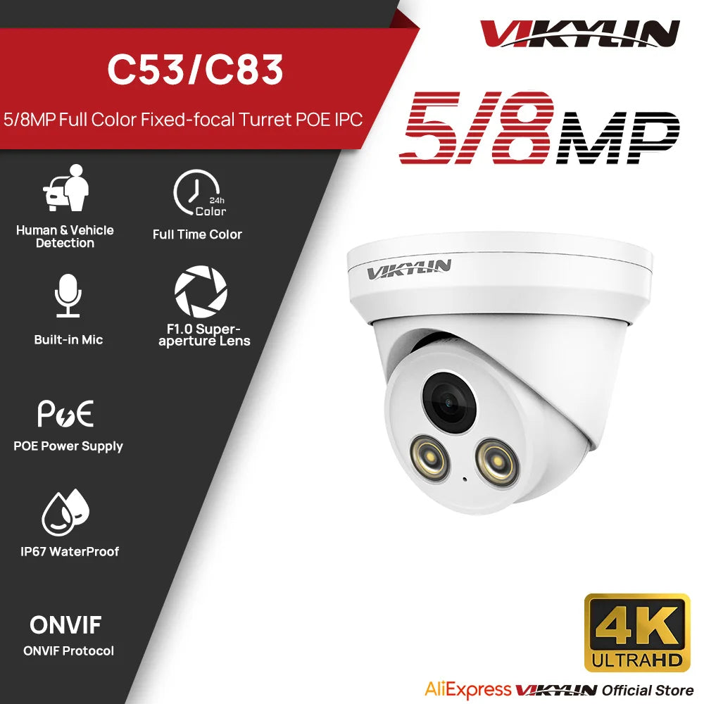 VIKYLIN 5/8MP Full Color IP Camera Outdoor POE Onvif Wide Angle 2.8mm AI Humanoid Detection Home CCTV Surveillance Camera IP67