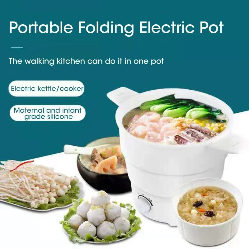 Portable folding electric hot pot, white, with lid and secondary pot insert.