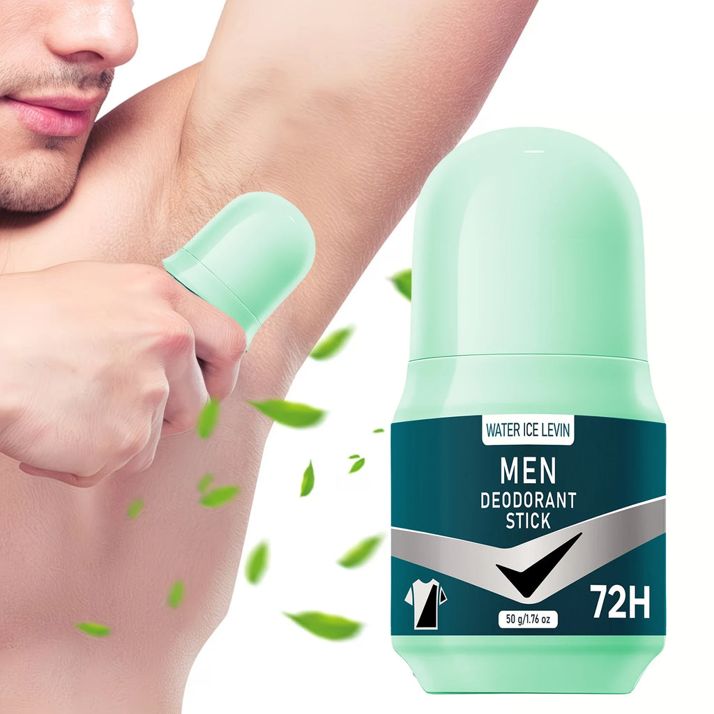 Water Ice Levin 72H men's deodorant stick in mint green packaging, applied to underarm, preventing stains.