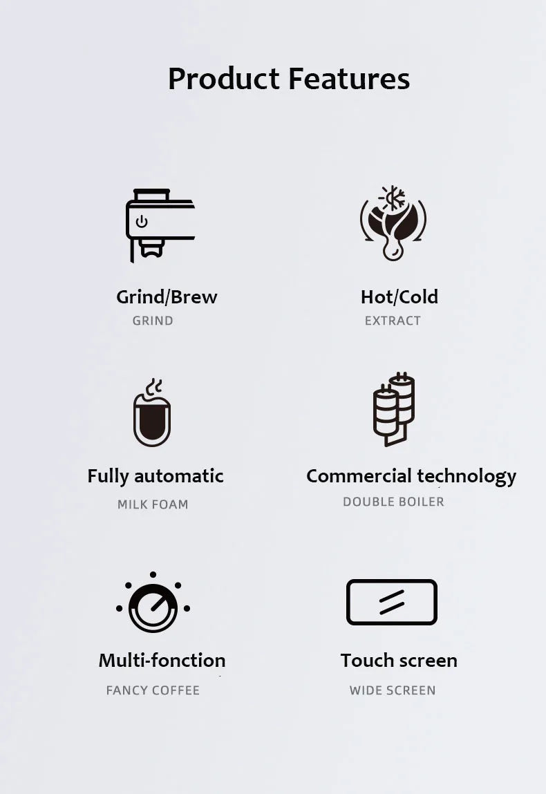 Infographic listing coffee machine features: grind and brew, hot/cold extract, auto milk foam, and touch screen display.