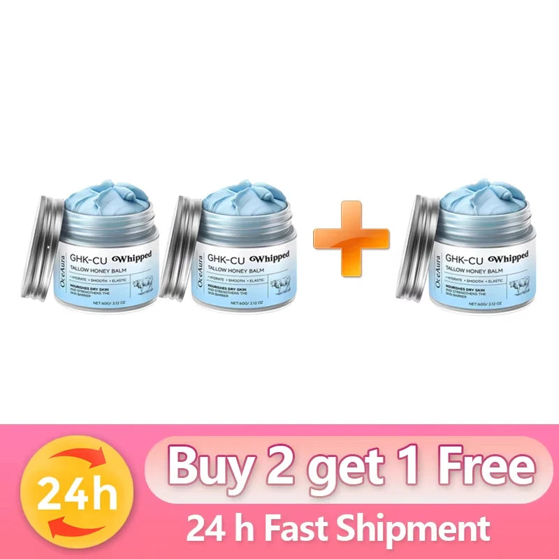 Whipped honey balm jars with blue cream, bundled four-pack