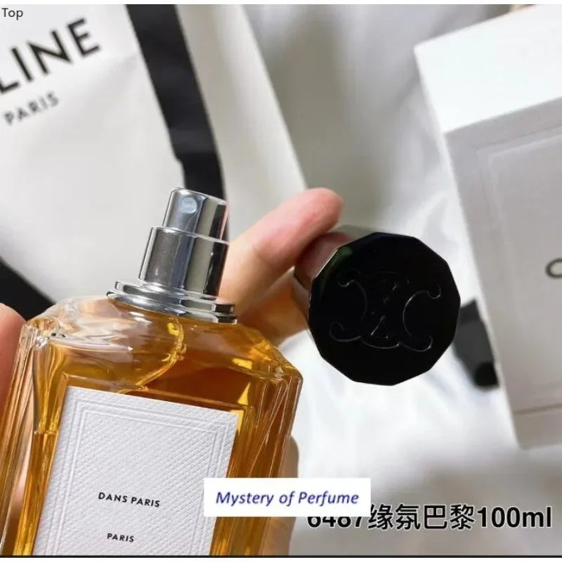 Celine Dans Paris unisex perfume: long-lasting 100ml glass bottle with black logo cap. Elegant luxury French fragrance.