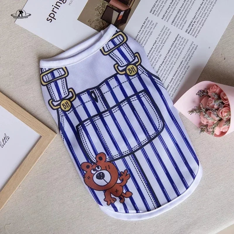 White mesh summer vest for small dogs with blue stripes and cute cartoon bear print, perfect breathable pet outfit.