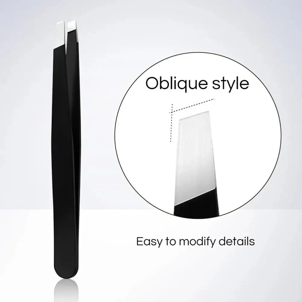 Stainless Steel Black Eyebrow Tweezer with Slant and Flat Point Beauty Tools for Eyelash Tweezer & Ingrown Hair Removal False Eyelashes Oblique Tidesmit