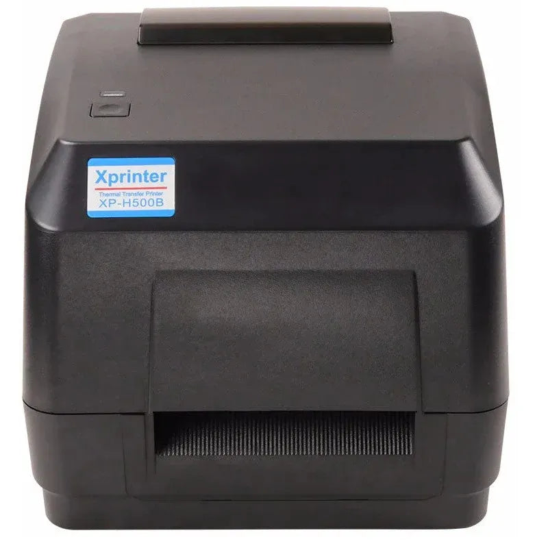 Black Xprinter ribbon label/barcode printer with front LCD window and top cover.