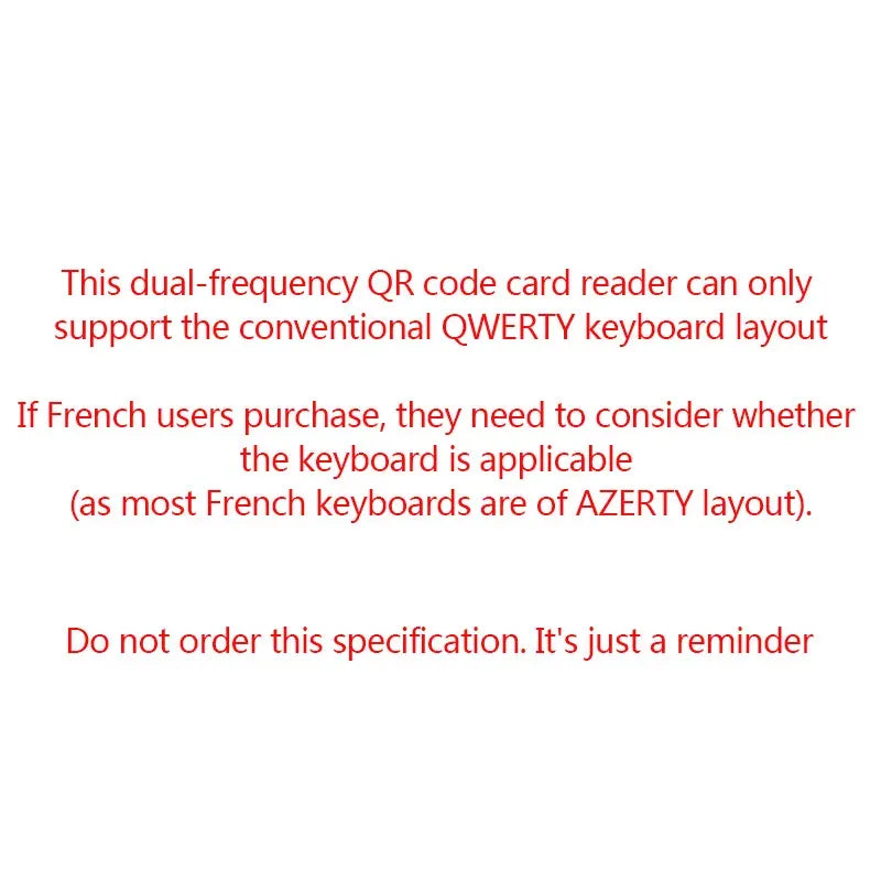 Instruction notice about QWERTY keyboard layout compatibility for dual-frequency QR card readers