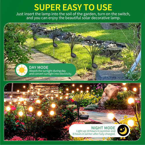 Flexible black solar firefly lights with glowing LED bulbs illuminating a garden pathway at night.