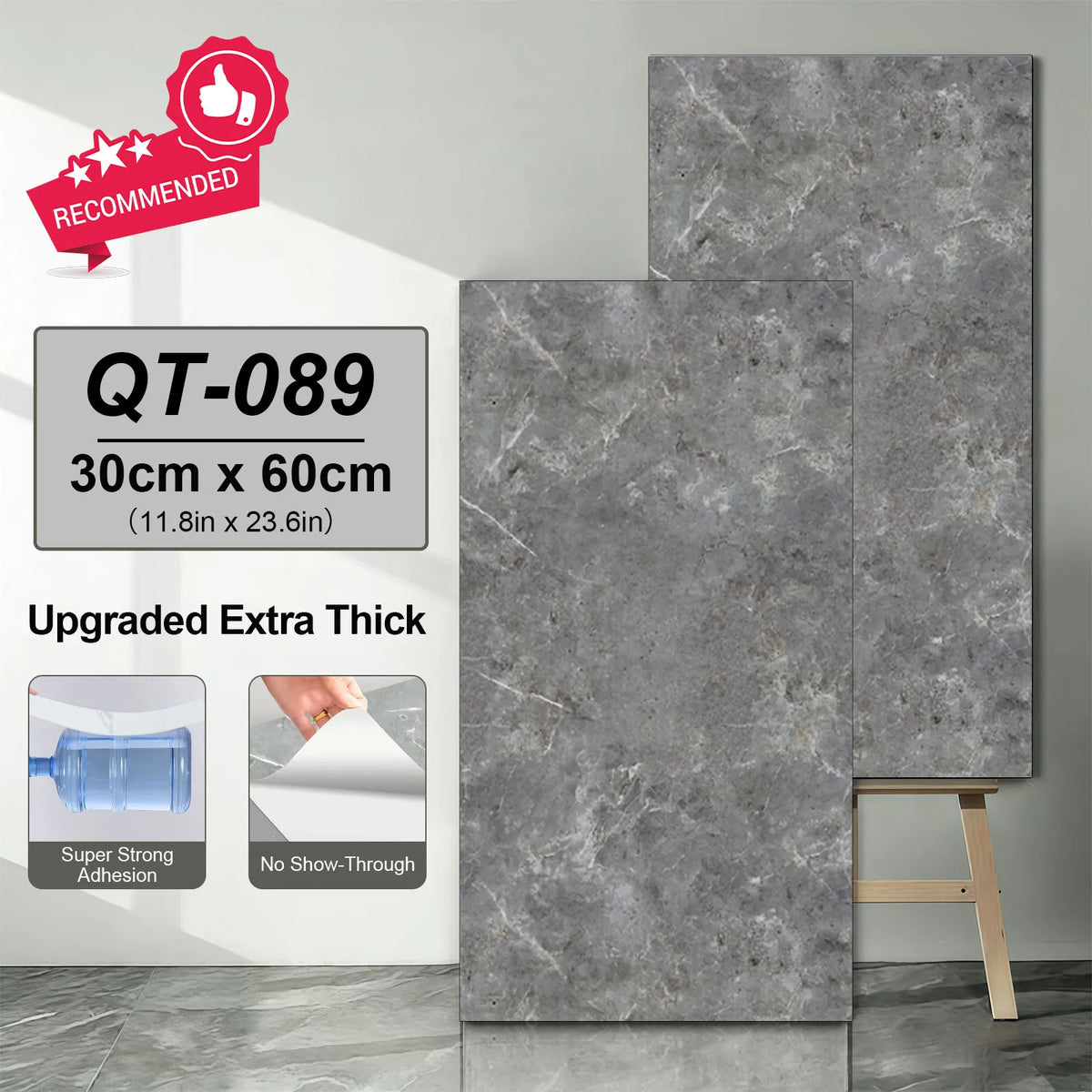 Dark grey marble-look self-adhesive vinyl floor tile stickers, 30x60 cm sheets.