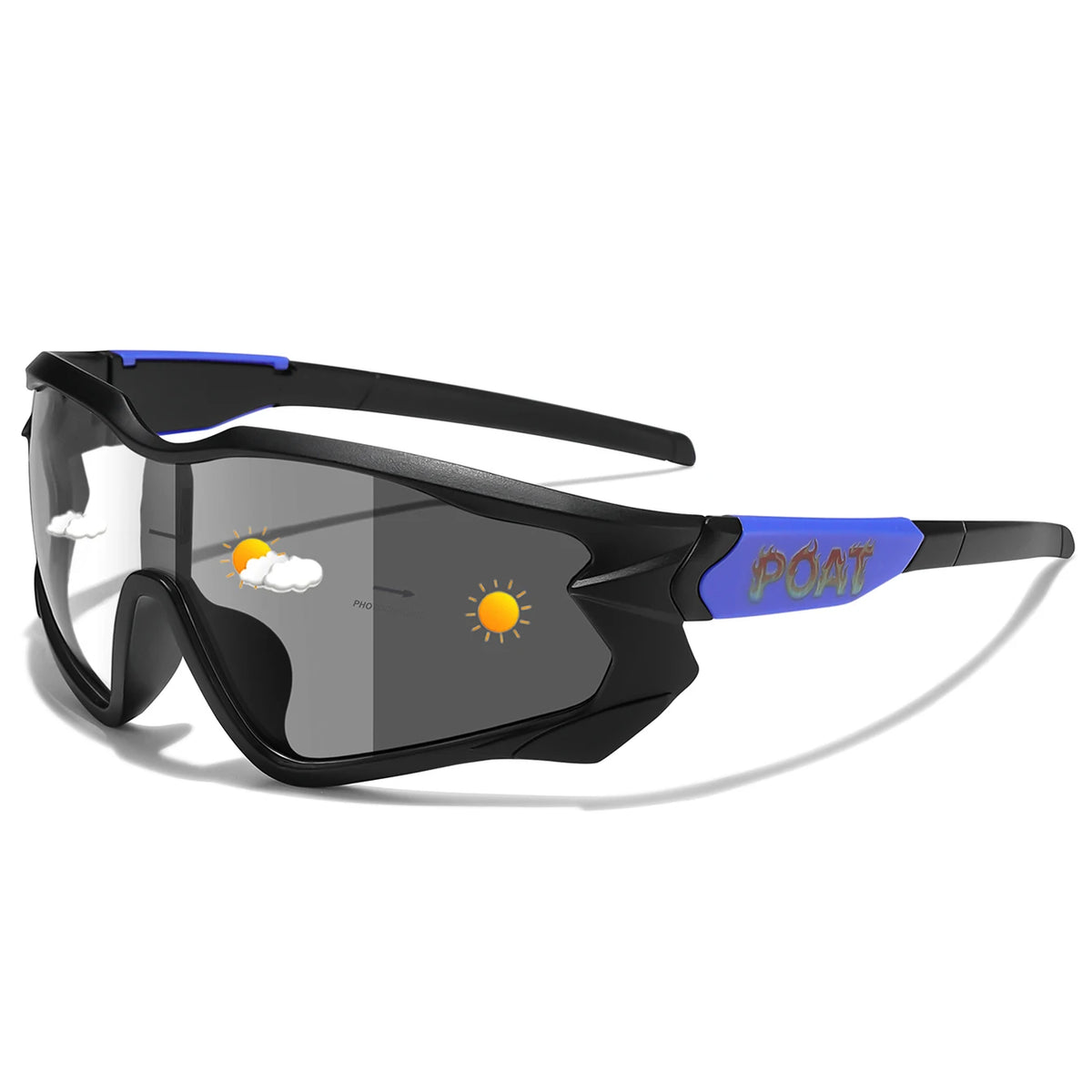 Photochromic cycling sunglasses, black frame with blue temple accents and gray lenses.