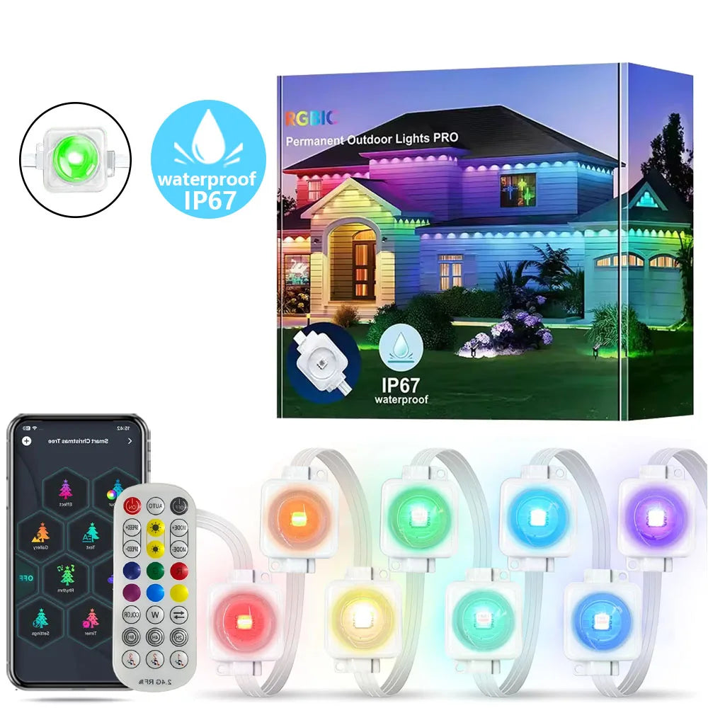 RGBIC permanent outdoor LED modules with illuminated colors plus remote and control device